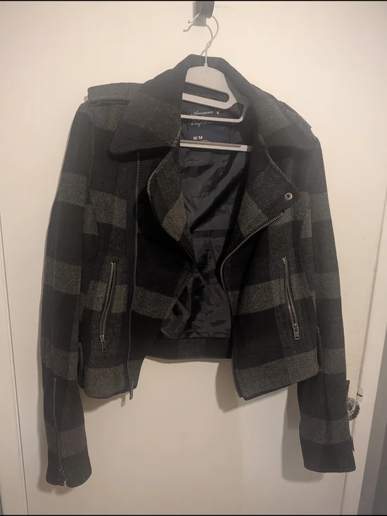 American Eagle Outfitters Black & Gray Plaid Moto Jacket