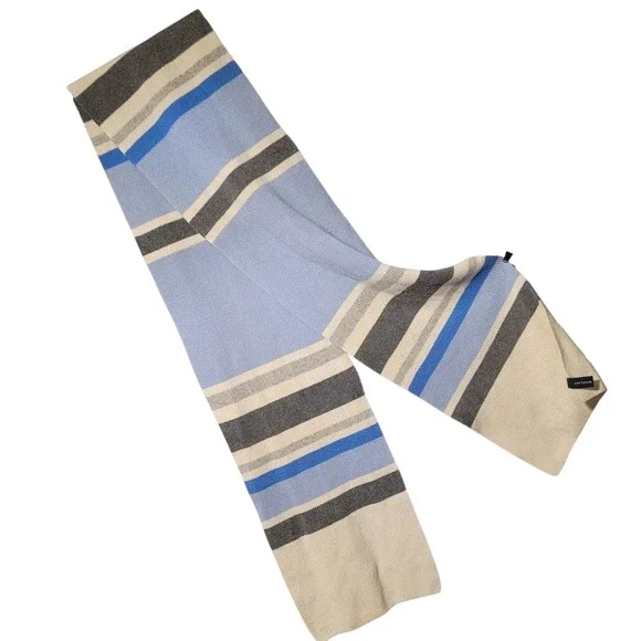 Ann Taylor Striped Scarf Blue Gray Cream Wool‎ Cashmere Silk Blend 74x9
