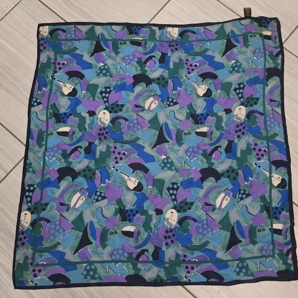 Colorful Abstract Silk Scarf in Teal, Blue & Purple
