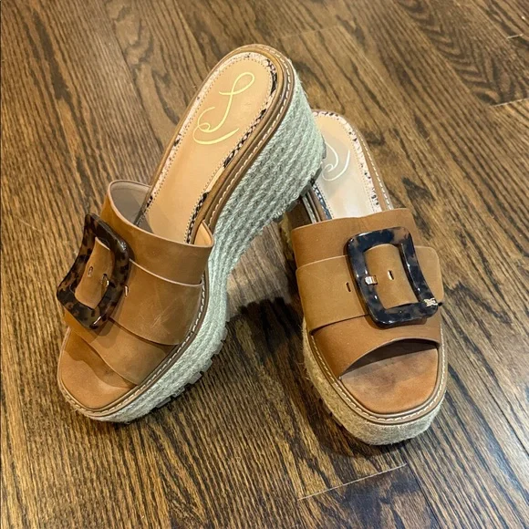 SAM EDELMAN Brown Tan Suede Espadrille Wedge Sandals Slide Platform 9.5