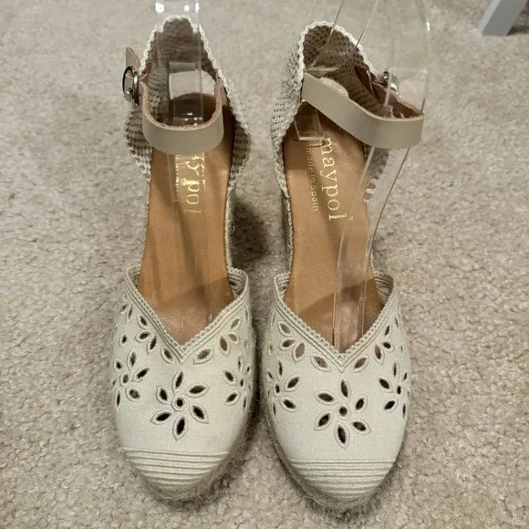 Maypol Textile‎ Close Toe Ankle Strap Espadrille Wedge Sandals size 38 Cream