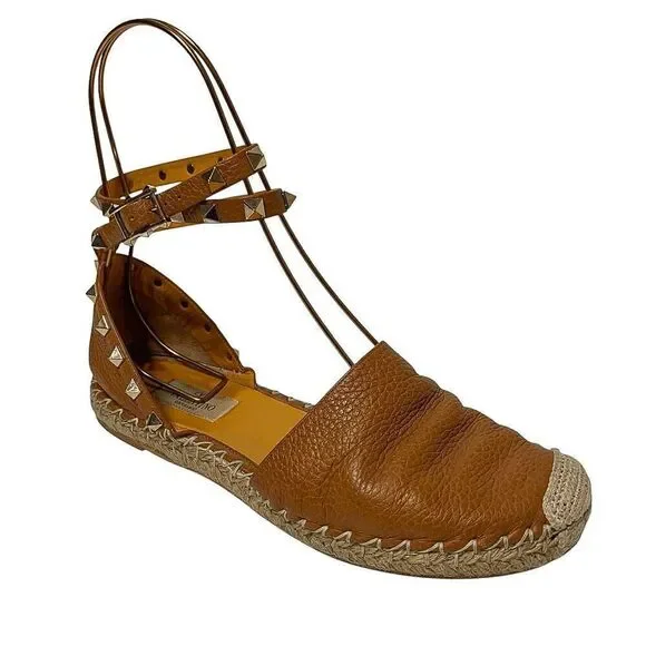 Valentino Garavani Rockstud Espadrille Studded Ankle Wrap Flats EU 37 US 7 Brown