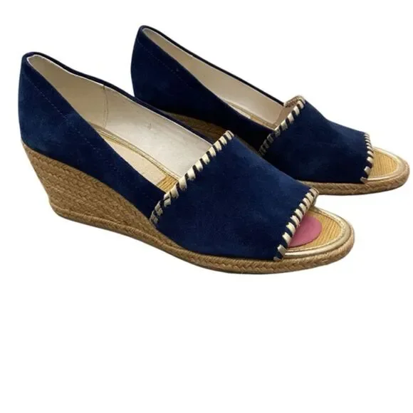 Jack Rogers Palmer Espadrille Peep Toe Wedge Navy Blue Faux Suede Size 9M