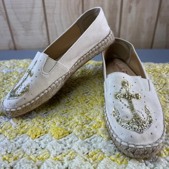 Quacker Factory Jeanne‎ Bice QK-DAMIE Anchor Sequin Espadrille Flats Cream 6M/36
