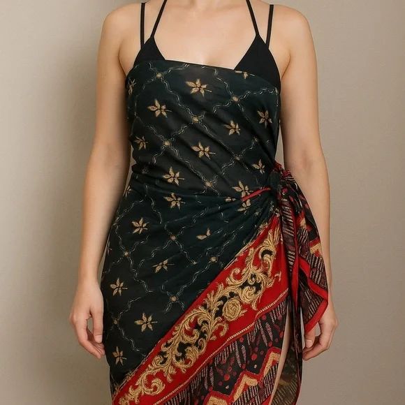 Vintage Sheer Wrap Scarf Sarong 95”x45” Black Red Gold Boho Floral