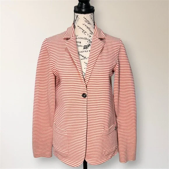 Woolrich Red Cream Stripe Knit‎ Blazer Jacket Cotton Stretch Tailored Casual S