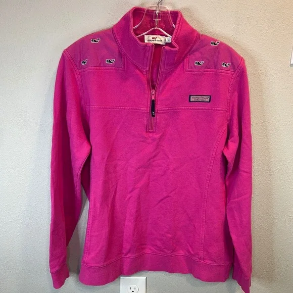 Vineyard Vines Pink 1/4 Zip Sweatshirt Whale Logo Yoke Pullover Women's‎ Y2K