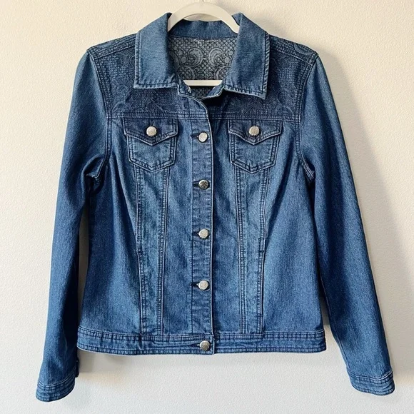 Christopher and Banks Embroidered Scroll Print Denim Jean Jacket Blue Medium?