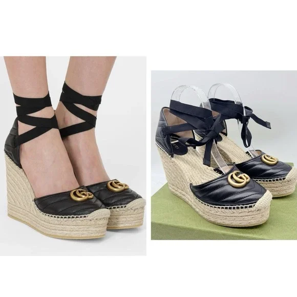 Gucci GG Marmont Platform MATELASSÉ Wedge Heels Espadrille Black Leather EU 40.5