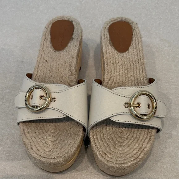 See By Chloe Cream Espadrille Slides with Gold Buckle
