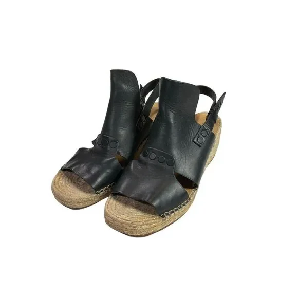 Rag & Bone Sayre Leather Espadrille Wedge‎ black Sandals Wedge Size 37.5 7.5
