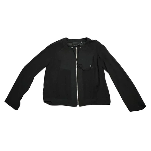 CARLISLE Black 100% Silk Bomber Jacket Zip Front Drawstring Detail‎ Women Size 6