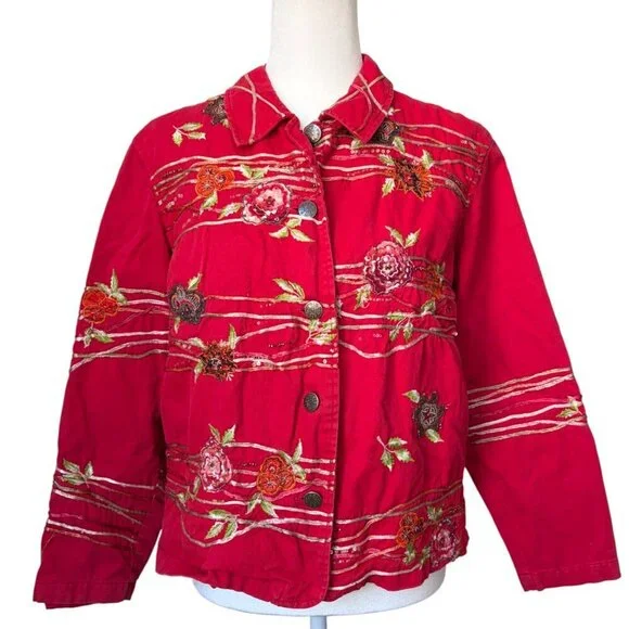 Coldwater Creek Red Floral Embellished Embroidered Denim Jacket