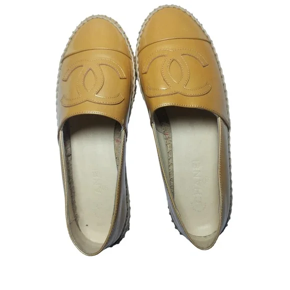 Chanel CC Logo Leather Espadrilles Mustard Yellow Flats Size 37 Made in Spain