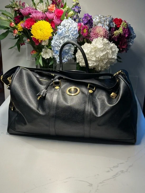 Versace Unisex Black Leather Duffel with Gold Medallion