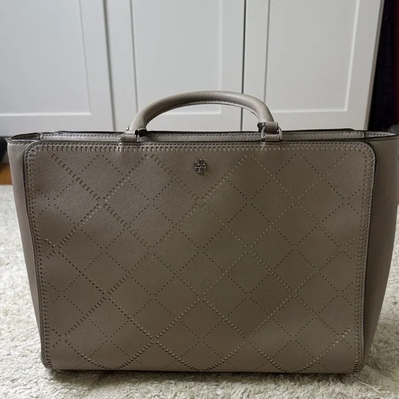 Tory Burch Robinson Crosshatch Tote Shoulder Bag Taupe
