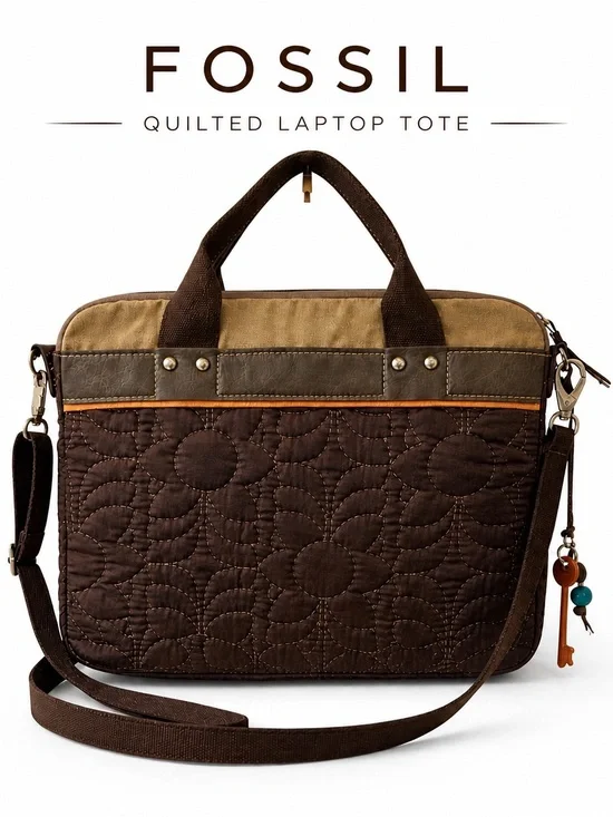 Fossil Laptop Tote Quilted Brown Work Bag Leather Trim