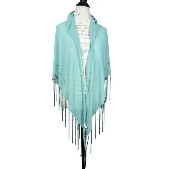 Bijoux Terner Shawl Wrap NEW Green Beaded Sequins‎ Tassel Sheer Triangle