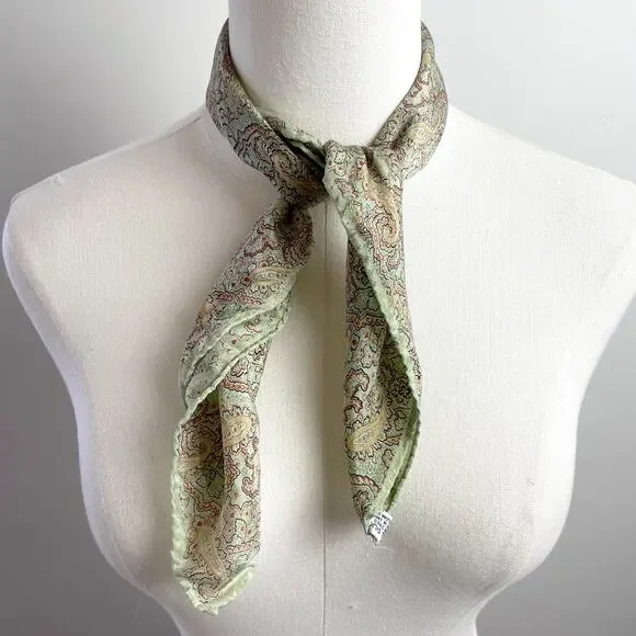 Vintage Square Scarf Silk Paisley Border Print Soft Green Old Money Quiet Luxury