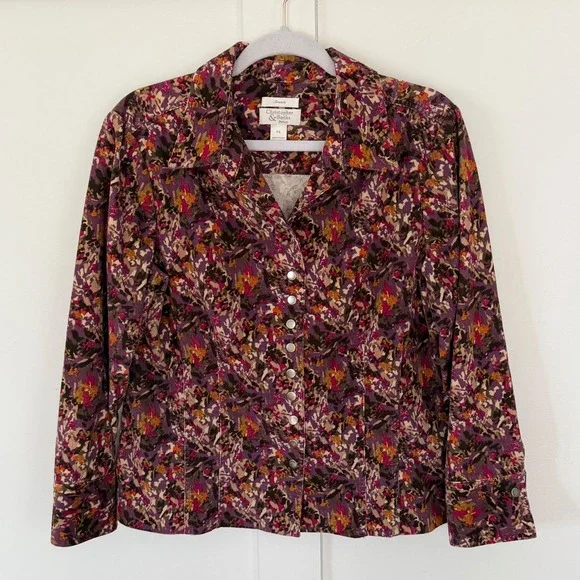 VTG Christopher & Banks‎ Blazer Corduroy Floral Snap Front Purple Petite Large