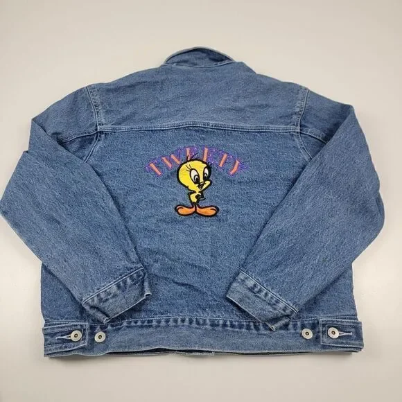 Vintage Y2K Tweety Bird Looney Tunes Warner Bros‎ Denim Jacket Large Button up