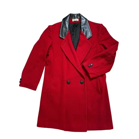 Vintage Fashions By Jill Women's Red Black‎ Trench Coat 100% Wool Leather Collar