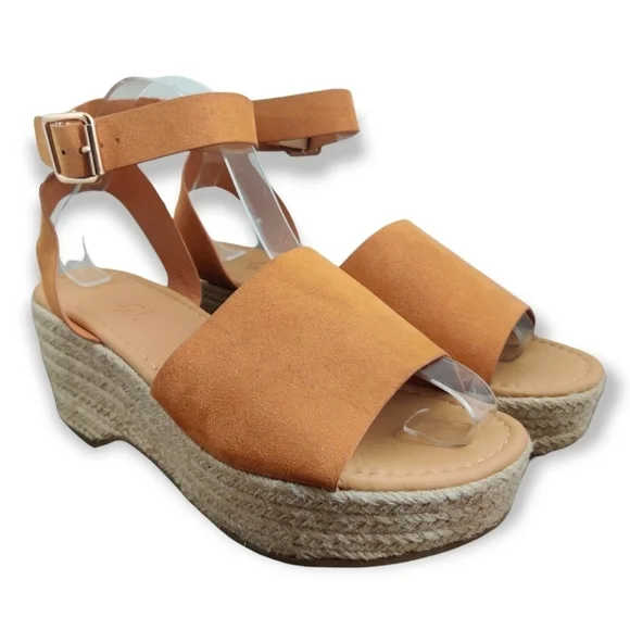 ROUGE Tradition Espadrille Sandals Ankle Strap Tan Faux Suede Platform Women 8.5