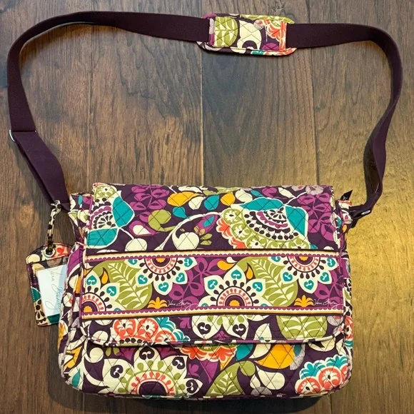 Vera Bradley Retired Messenger/Computer Bag in the Plum Crazy pattern.