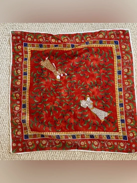 VTG Asian Indian Figures Square Scarf Red Birds Boho 18in x 18in