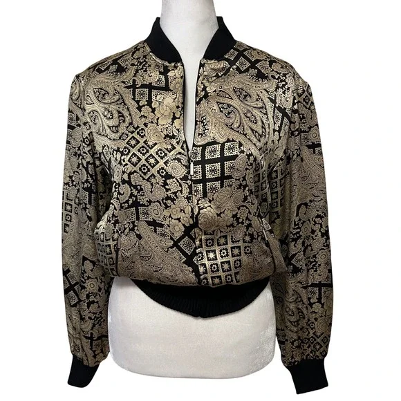 Vintage S.L.B.‎ Petite Black Gold Paisley Silk Bomber Jacket Size Petite Small