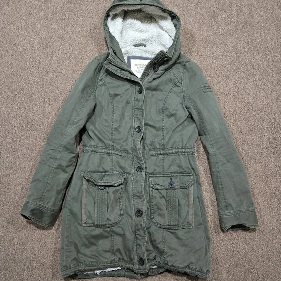 Abercrombie & Fitch Parka Jacket Womens L Green Sherpa Lined Hooded Utility Coat
