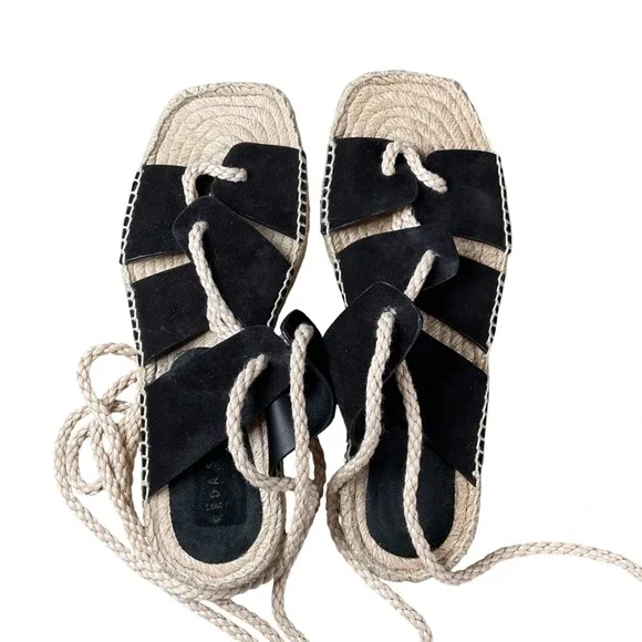 Freda Salvador Black Suede Rope ankle tieup Espadrille Sandal Square Toe Size 8