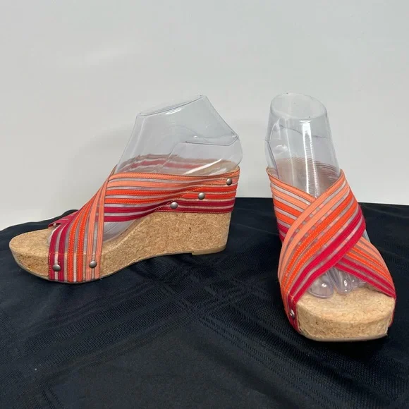 Lucky Brand Wedge Miller Cork Orange/Red Stripe Mesh Sandal 3 3/4 Inch Heel Sz 8