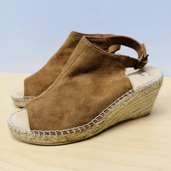 Gap Suede Espadrille Sandals, Size 7, Camel Brown Peep Toe Slingback Wedges‎