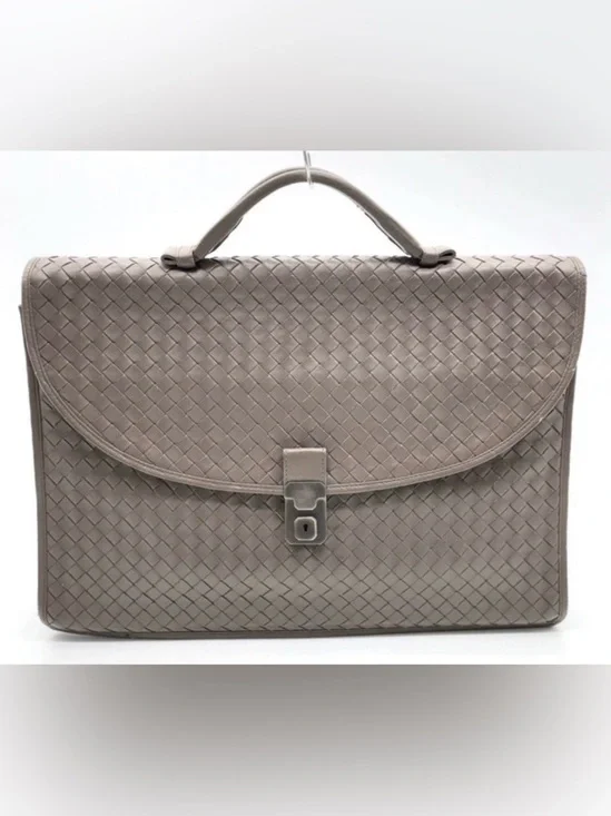 BOTTEGA VENETA Unisex Sophisticated Intrecciato Grey Woven Leather Briefcase
