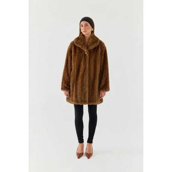 Alpine Studio Womens Faux Fur Coat Brown Mid Length Jacket Small Mob Wife Y2K