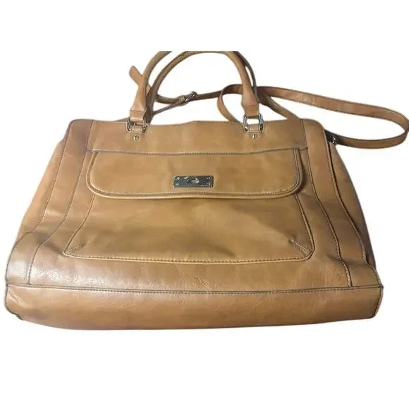 Merona Cognac Faux Leather Vegan Satchel Laptop Messenger Bag NWOT commuter