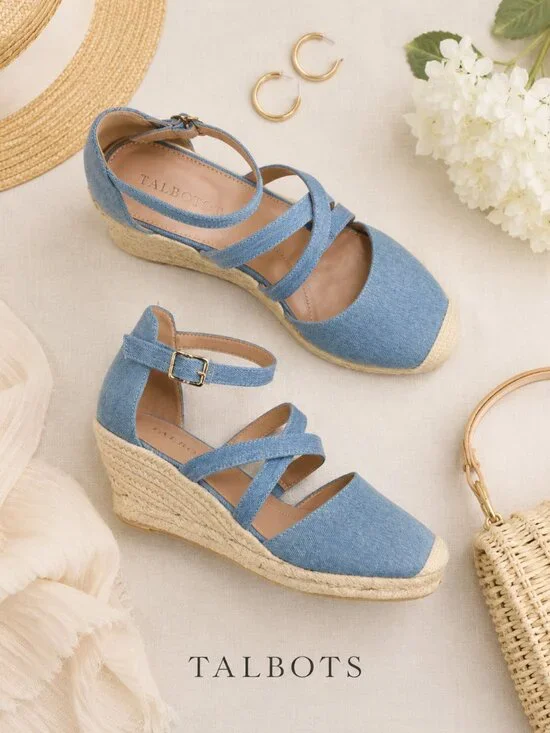 Talbots Lyndsay Denim Espadrille Wedges Size 8 Blue Strappy Summer Sandals