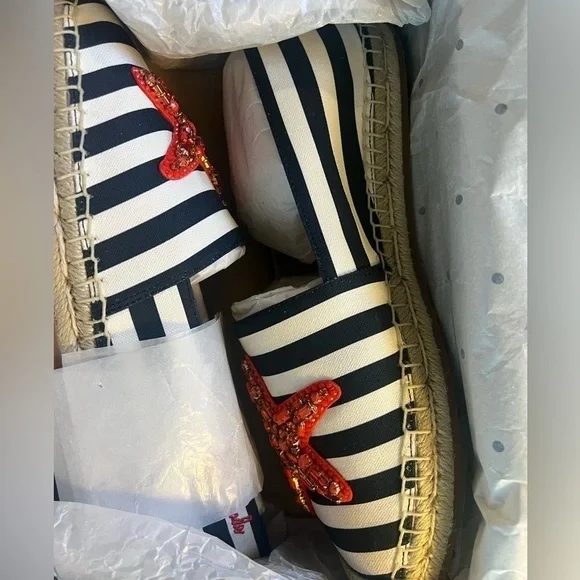 🆕 🦀kate spade new york Red Crystal Starfish Blue Whit Canvas Strip Espadrille