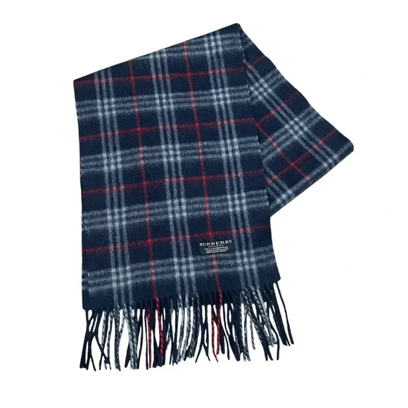 Burberry London Plaid Lambswool‎ Scarf Red Blue Grey Fringe Made in England