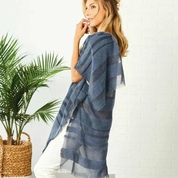 Striped oversized Gray denim blue Kimono Cardigan cape shawl coverup lighweight