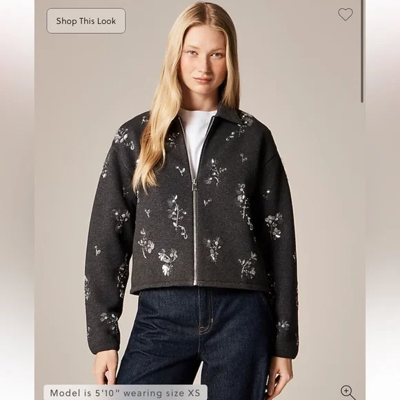 J.Crew Embellished bomber jacket in heritage fleece Hthr Grey