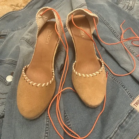 Tan Suede Lace-Up Espadrille Flats with Coral Ties