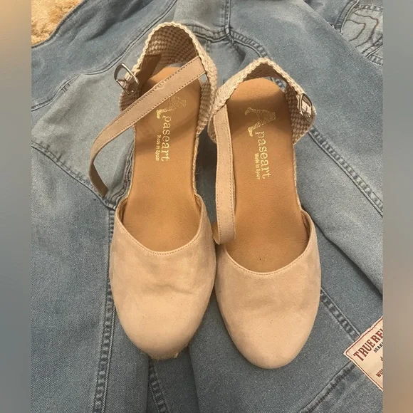 Beige Suede Espadrille Wedges with Ankle Strap