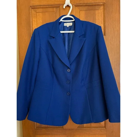 Emily Womens Blazer Size 20W Blue Plus-Size 3-Button Jacket Career Mature Office