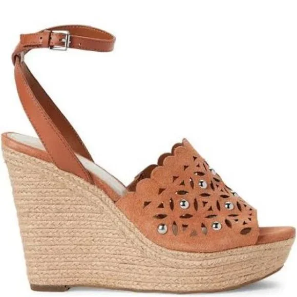 MARC FISHER Brown Leather Cutout Studded Wedge Sandals