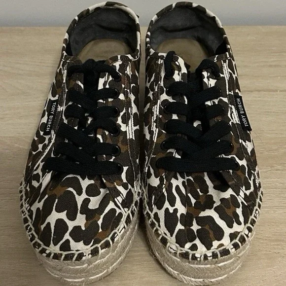 Tory‎ Burch Leopard Print Canvas Lace Up Oxford Espadrille Platform Sneakers
