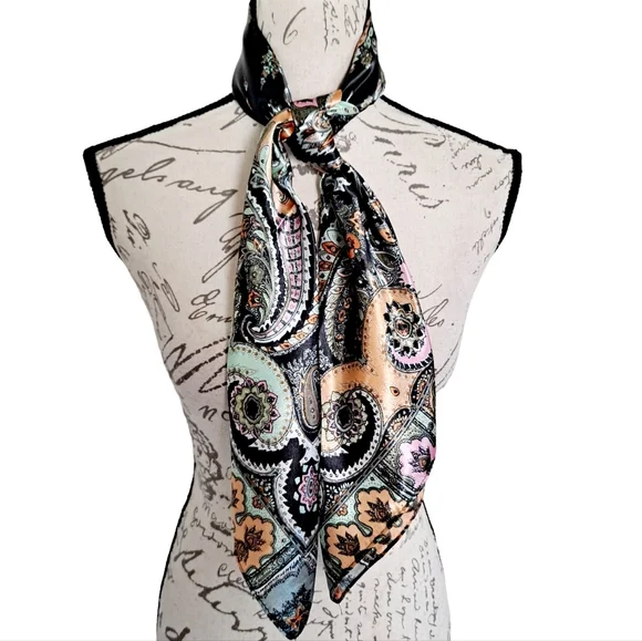 Satin square scarf black Paisley boho colorful neck hair & head elegant 2/$30