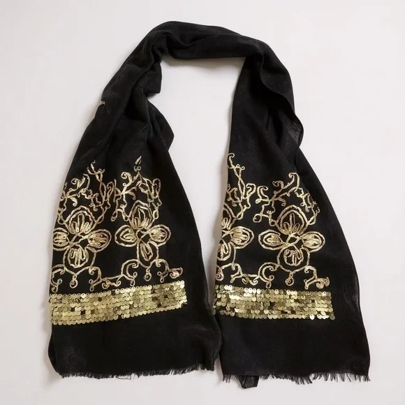 Black and Gold Floral Wrap with Tassels