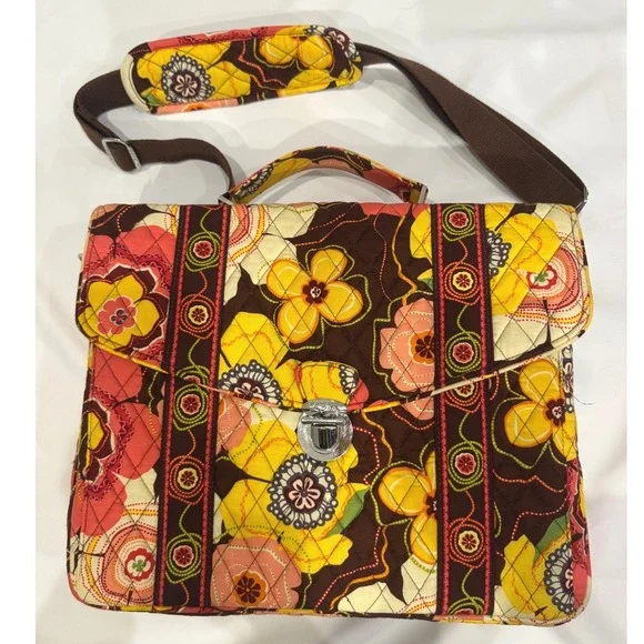 Vera‎ Bradley Messenger Bag Women OS Brown Yellow Floral Quilted Good